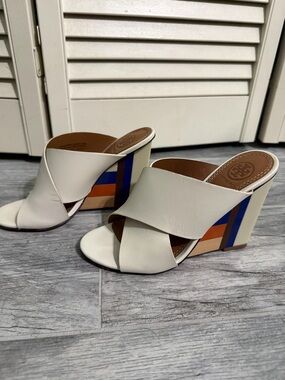Vintage Tory Burch White Leather Wedge Mules with Blue and Orange Heel Accents